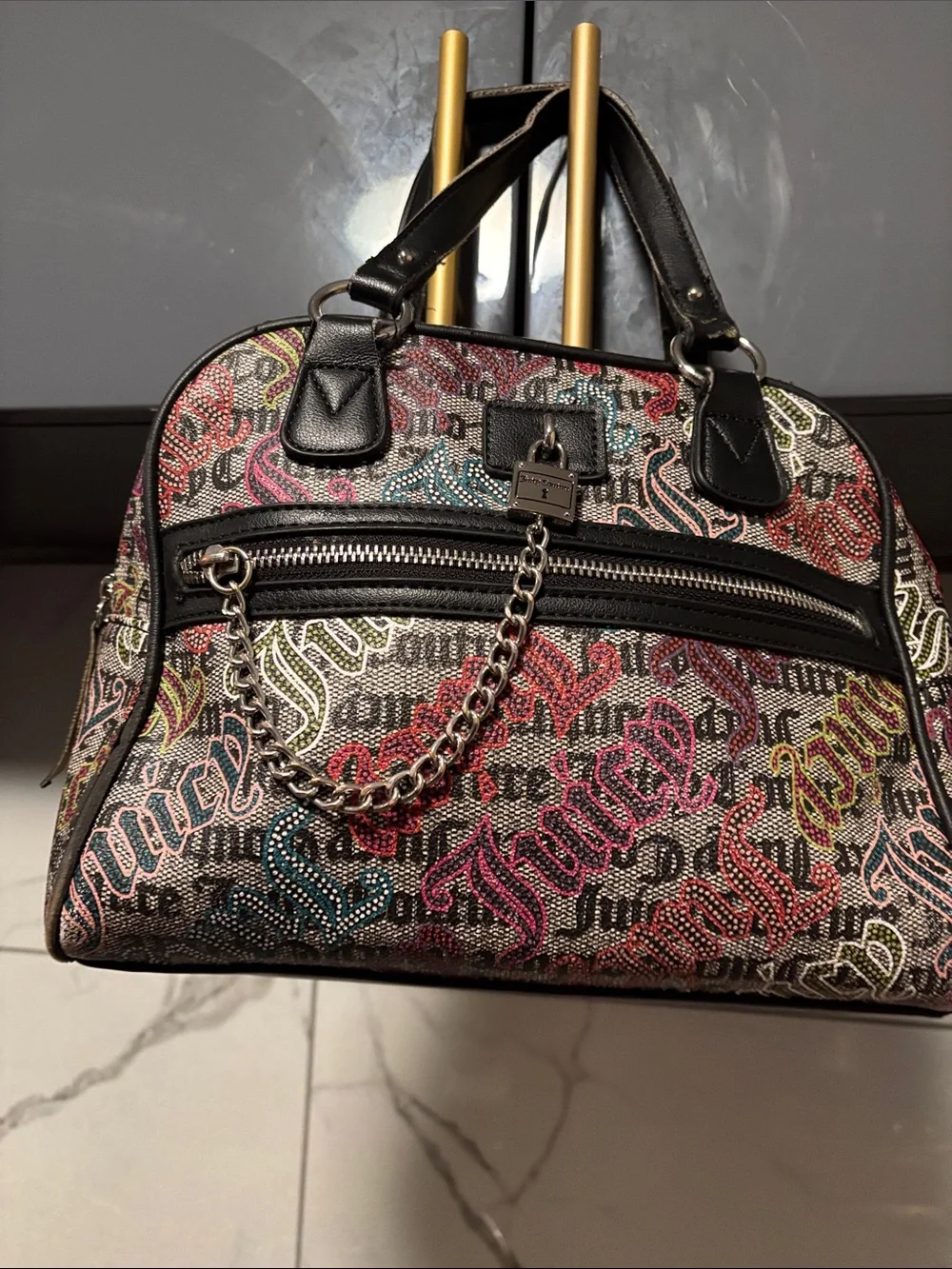 Juicy Couture Multicolor Logo Print Dome Satchel with Black Trim w:straps